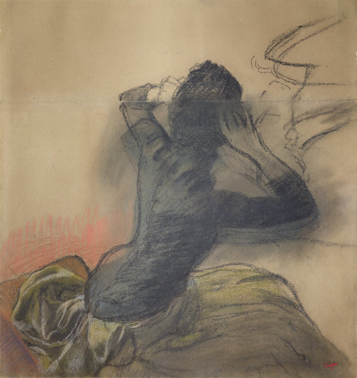 Mulher sentada ajustando o cabelo dela, c.1884 (giz e pastel sobre papel) de Edgar Degas