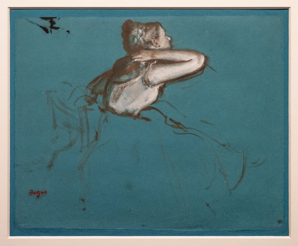 Dançarino sentado virado para a direita (estudo para a figura sentada de "Repetition de ballet sur la scène"). 1873. O óleo e a tinta têm essência sobre o papel de Edgar Degas