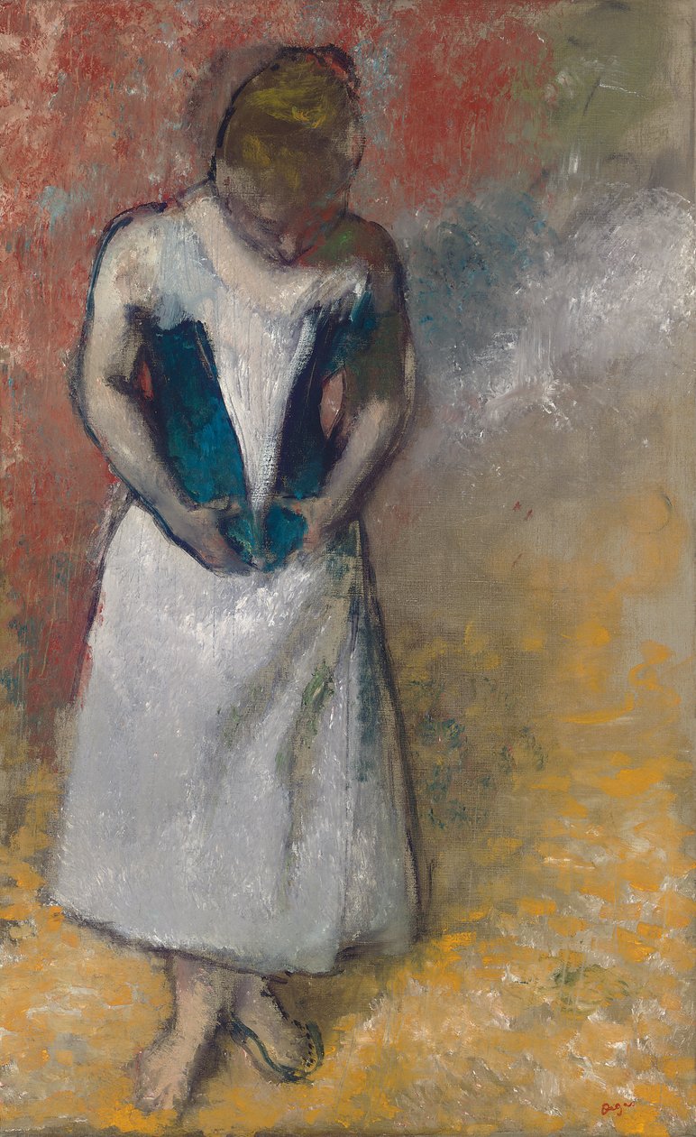 Mulher em pé, vista de frente, segurando seu espartilho; Mulher em pé de frente, grampeando seu espartilho de Edgar Degas