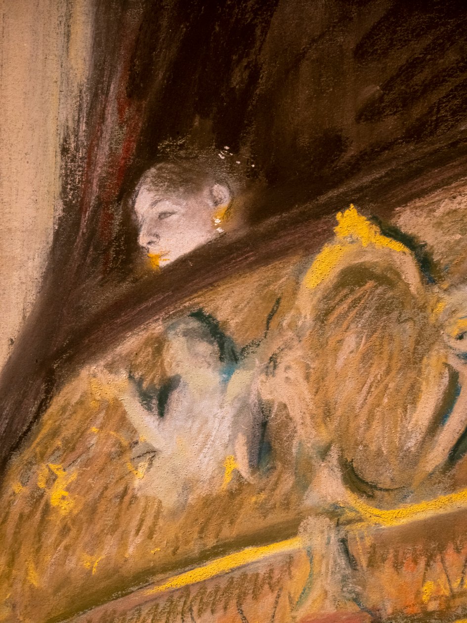 Estudo de um alojamento no teatro (detalhe). 1880. Pastel e óleo sobre maroufle de papelão sobre tela. de Edgar Degas