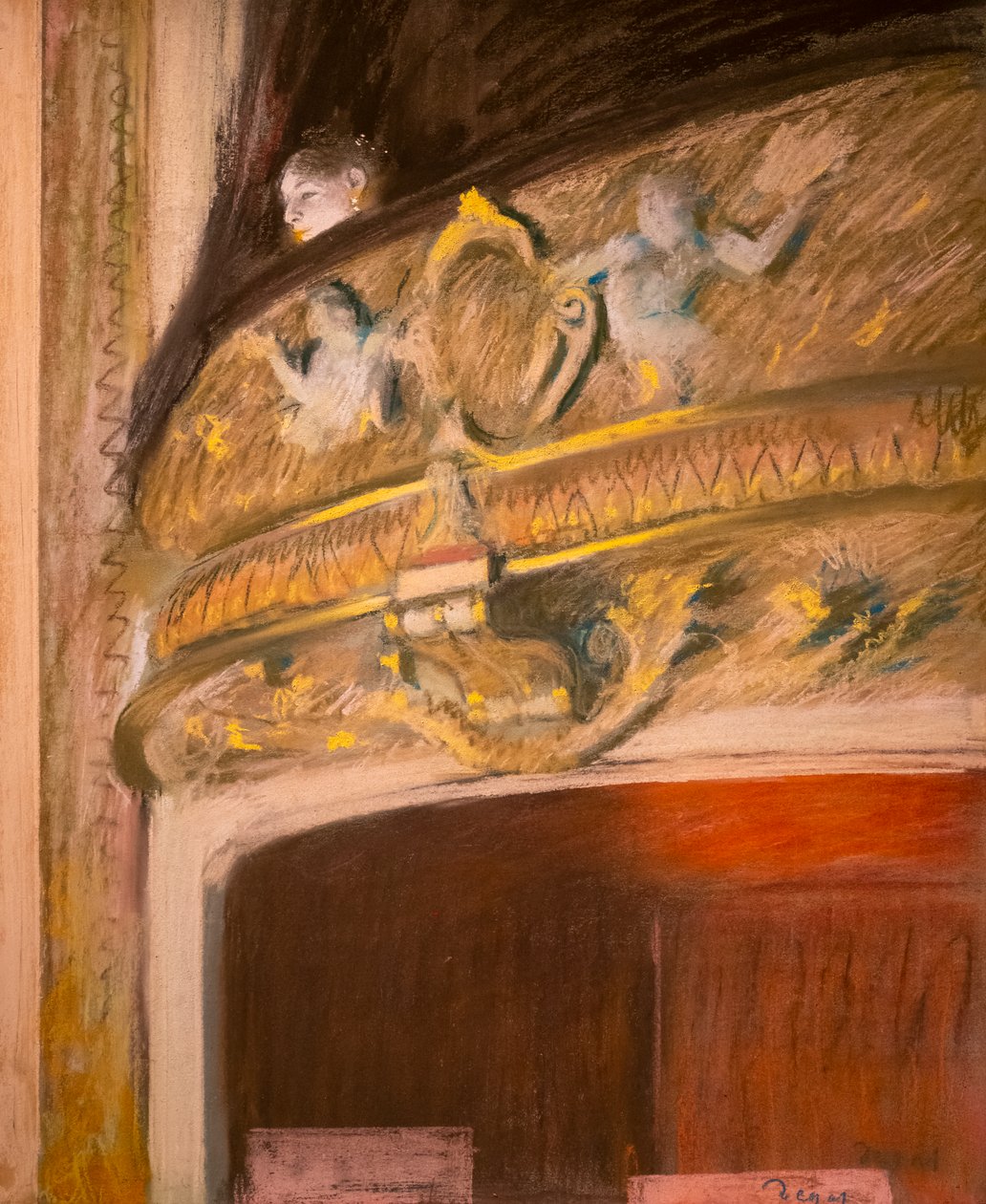 Estudo de um alojamento no teatro. 1880. Pastel e óleo sobre maroufle de papelão sobre tela. de Edgar Degas