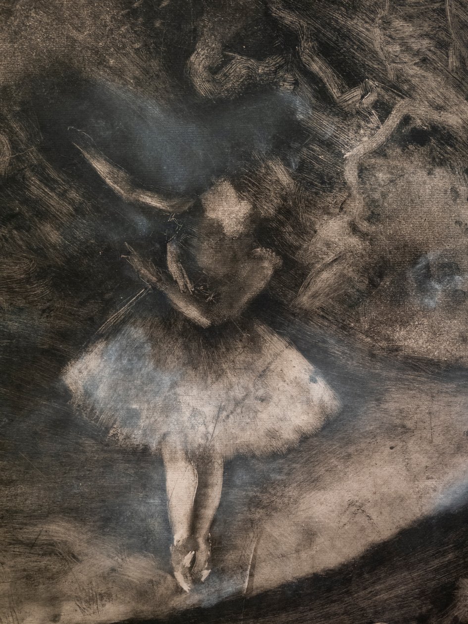O Mestre do Ballet (detalhe) (executado em colaboração com Ludovic Lepic). 1876. Monotipo em tinta preta com destaques em giz branco de Edgar Degas