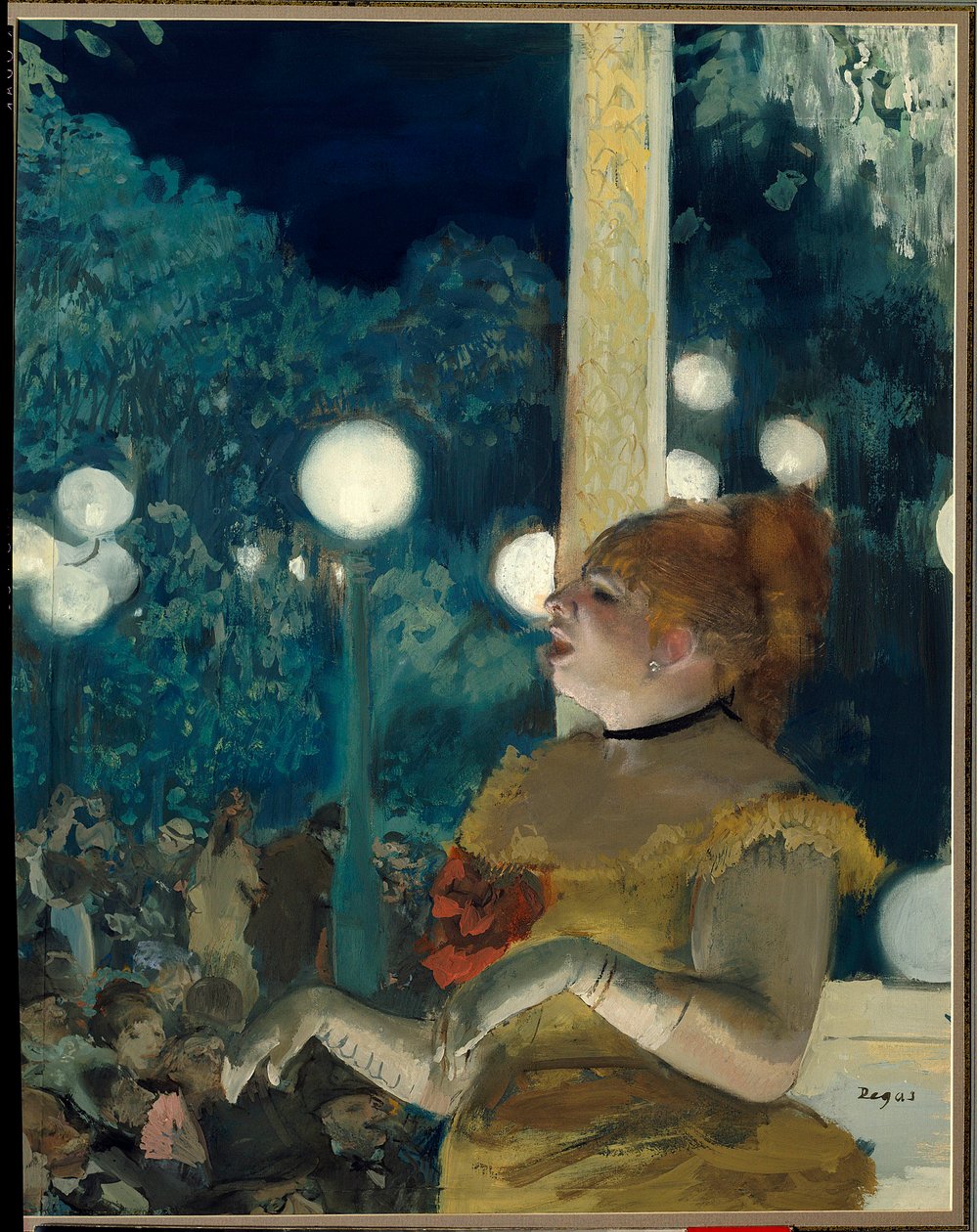 A canção do cão (Emma Valladon chamada Theresa (1837-1913) no concerto do café) Pintura de Edgar Degas (1834-1917), guache e pastel, 57,5 cm x 45 cm de Edgar Degas