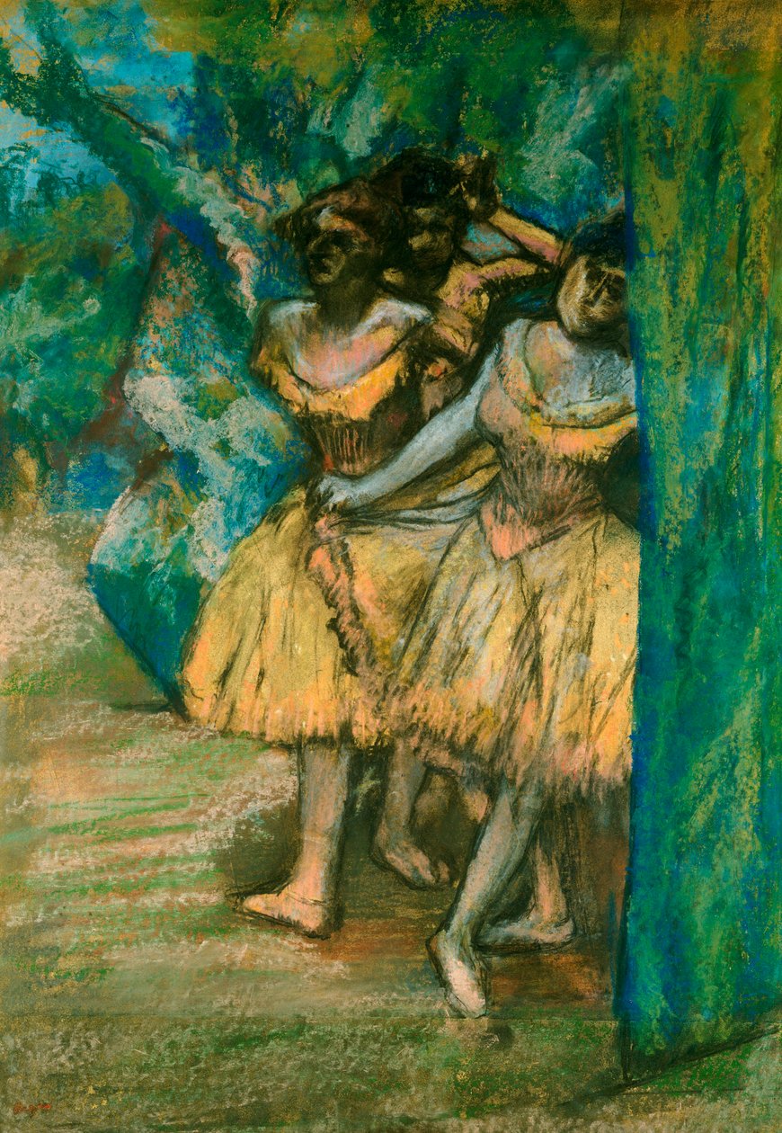Três dançarinos com um pano de fundo de árvores e pedras, 1904-06 de Edgar Degas