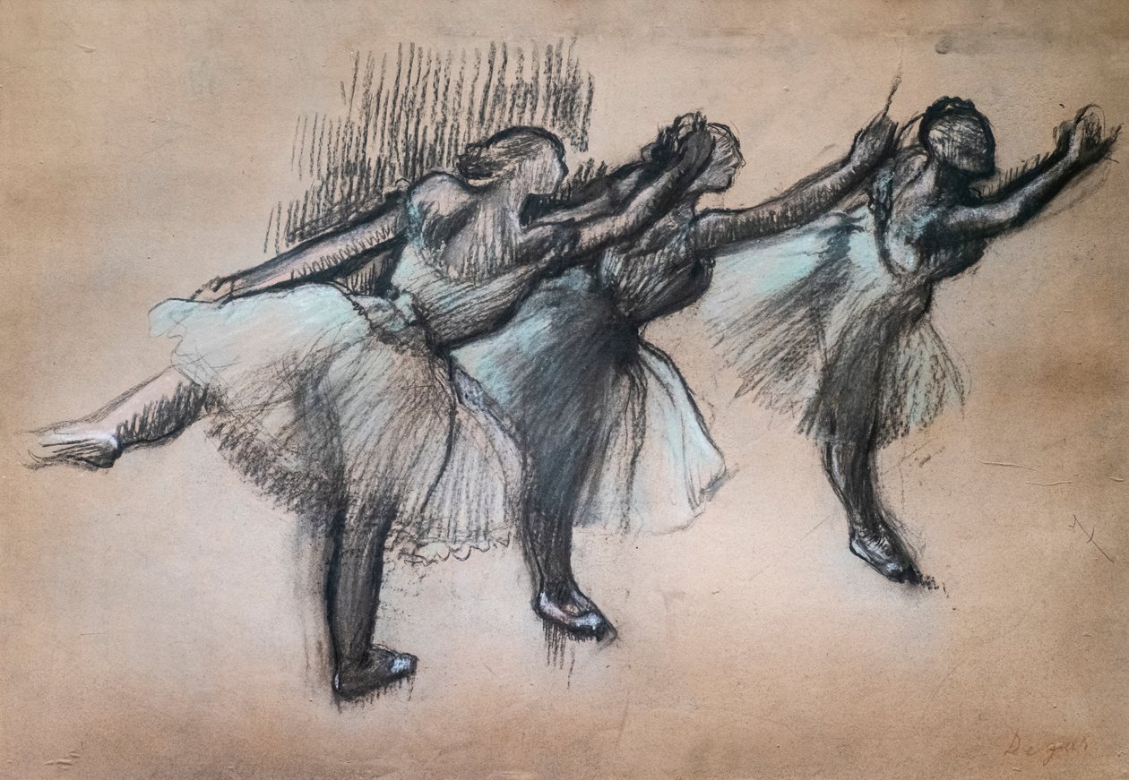 Três dançarinos. 1895-1900. Carvão vegetal e pastel sobre papel vegetal. de Edgar Degas