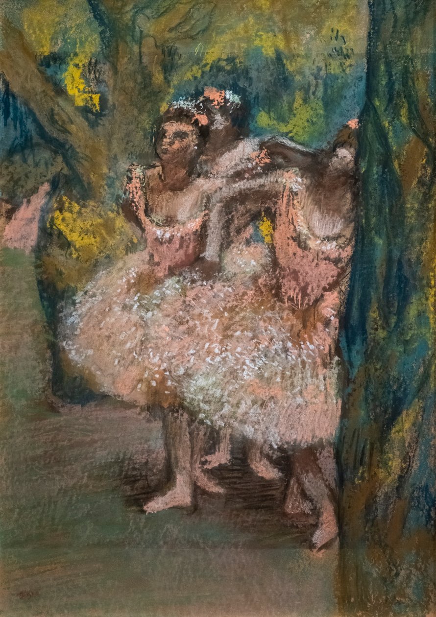 Três dançarinos de saias de salmão. 1904-1906. Pastel em papel maroufle em papelão. de Edgar Degas