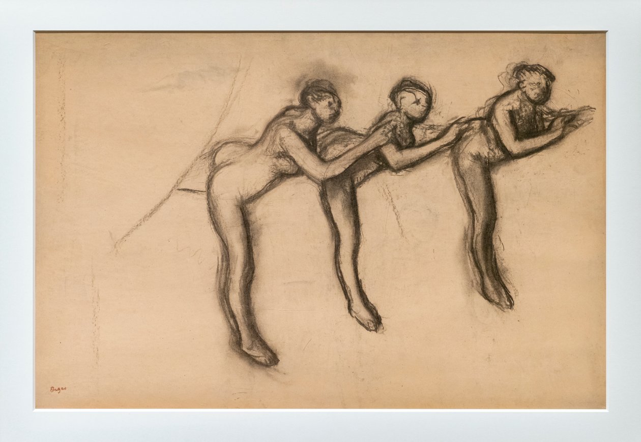 Três dançarinos nus em arabesco. Por volta de 1892-1895. Carvão vegetal sobre colas de papel em papelão. de Edgar Degas