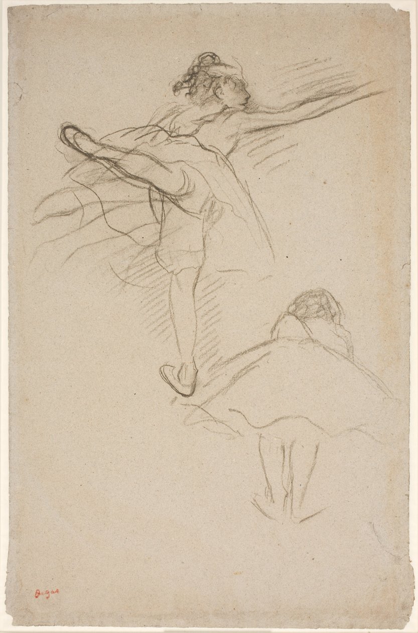 Dois estudos de bailarinas. Acima, dançarina em pé na perna esquerda; abaixo, dançarino inclinado para a frente visto de trás de Edgar Degas