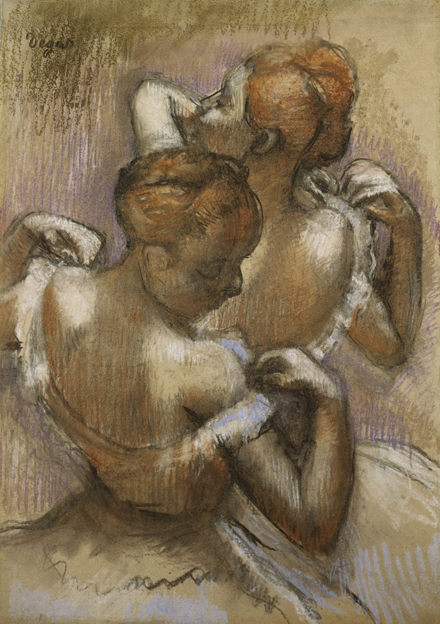 Dois dançarinos ajustando suas alças, c.1897 de Edgar Degas