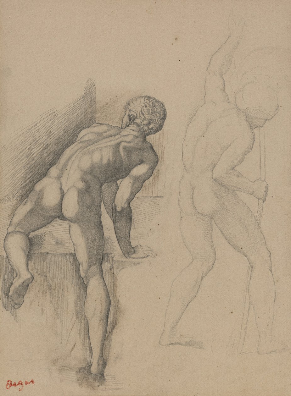 Dois homens nus, 1856-57 (lápis de grafite em papel creme escuro) de Edgar Degas