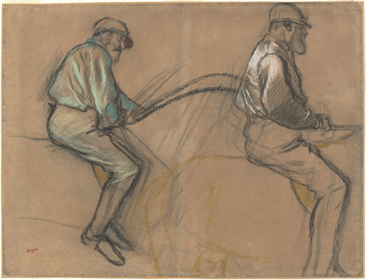 Dois estudos de um jóquei, c.1884 (giz, carvão e pastel sobre papel marrom) de Edgar Degas