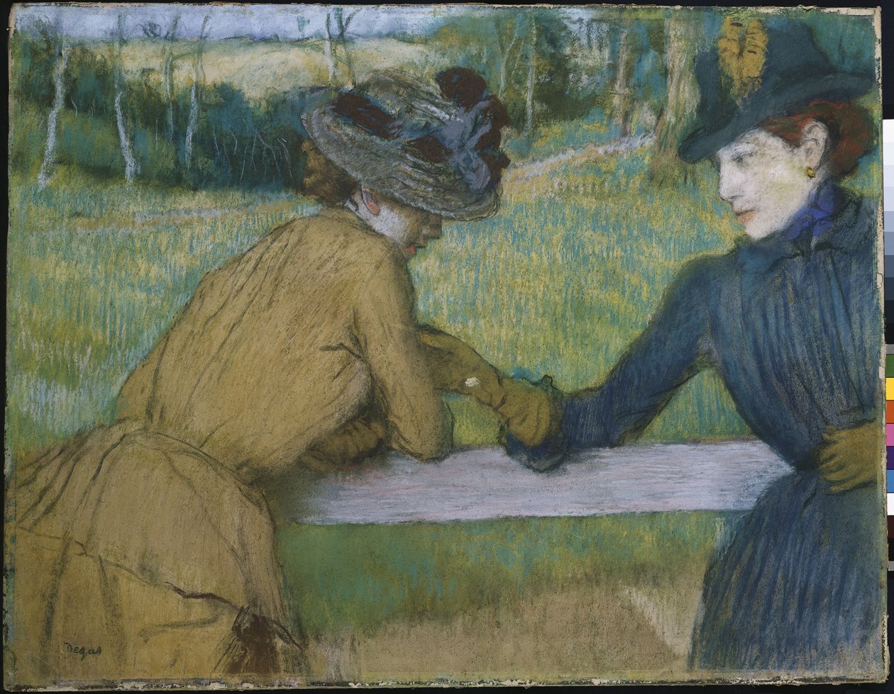 Duas mulheres, inclinar-se, um, cerca, trilho de Edgar Degas
