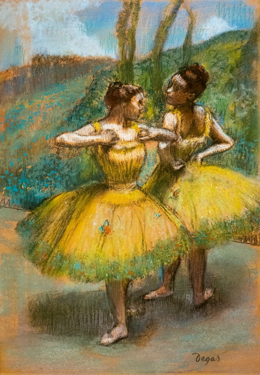 Duas dançarinas de amarelo. Por volta de 1896. Pastel e carvão vegetal em duas tiras de papel. de Edgar Degas