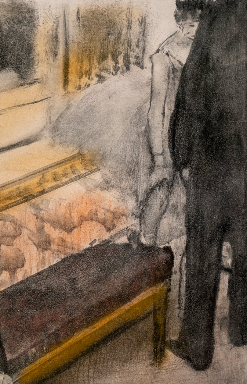Dois homens e dois dançarinos (detalhe). Por volta de 1876-1877. Pastel em monotipo. de Edgar Degas