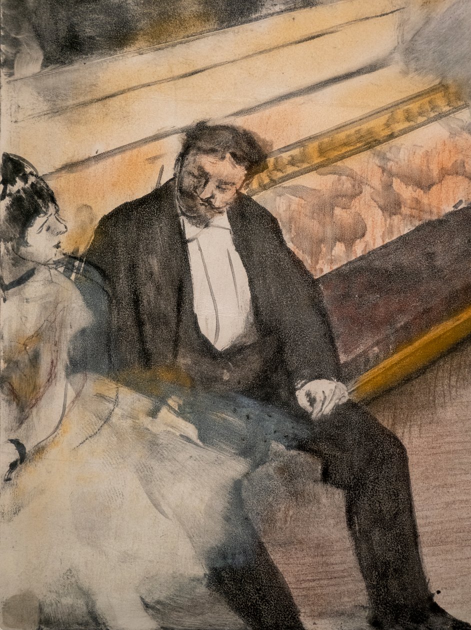 Dois homens e dois dançarinos (detalhe). Por volta de 1876-1877. Pastel em monotipo. de Edgar Degas