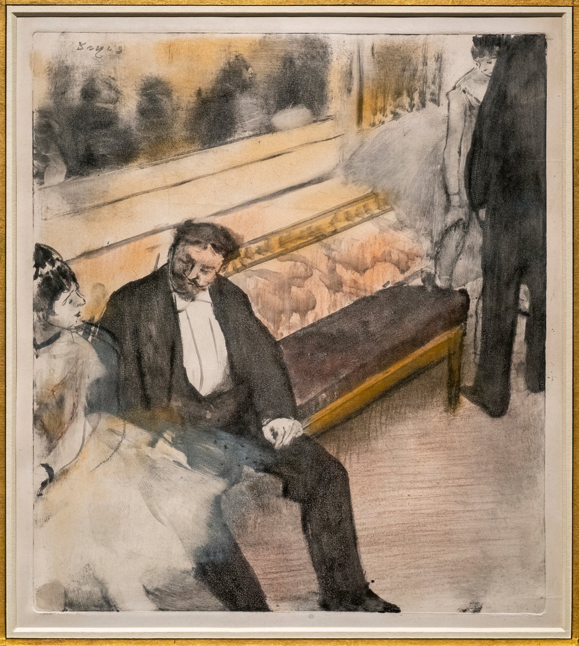 Dois homens e dois dançarinos. Por volta de 1876-1877. Pastel em monotipo. de Edgar Degas