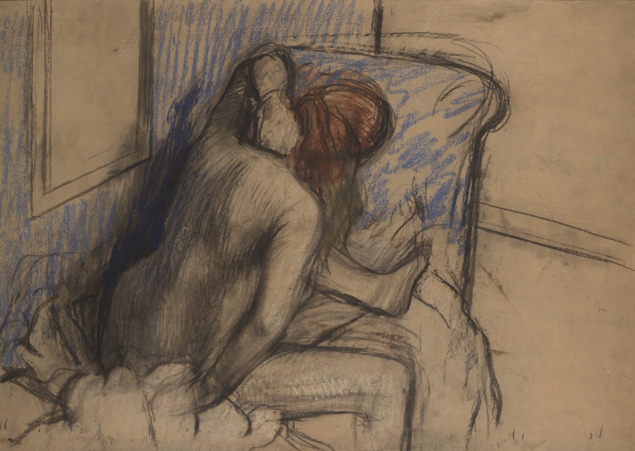 Mulher, secar, dela, cabelo, c.1902, (charcoal, e, pastel) de Edgar Degas