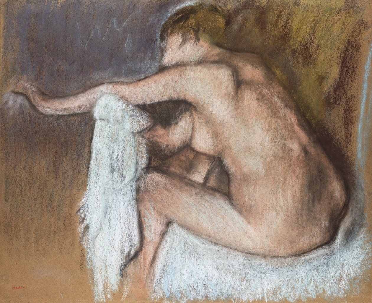 Mulher a secar o braço, c.1884 (pastel sobre papel amarelo) de Edgar Degas
