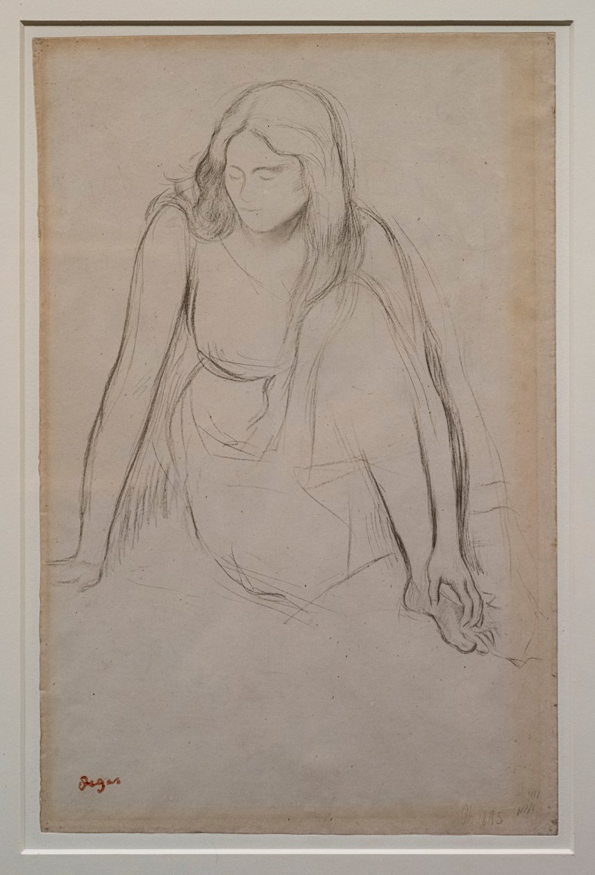Mulher sentada à beira da água. Por volta de 1867-1868. Lápis preto sobre papel de velino. de Edgar Degas