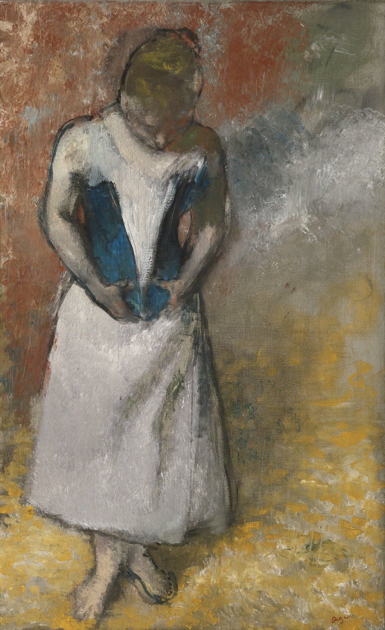Mulher em pé de frente, apertando o espartilho, ca. 1883 de Edgar Degas