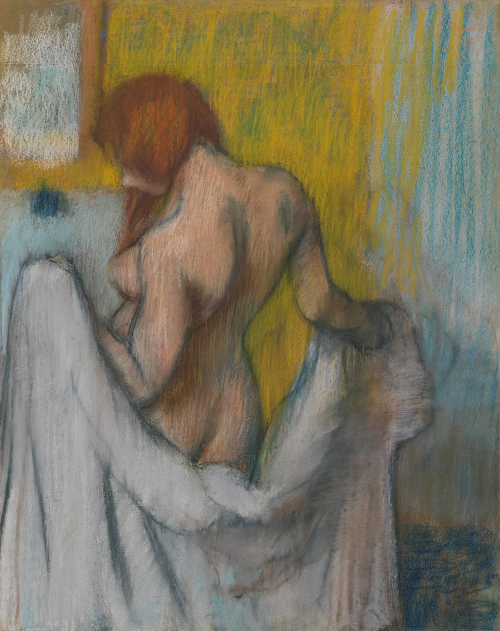 Mulher com uma toalha, 1894 ou 1898 (pastel em papel de cor creme com fibras vermelhas e azuis) de Edgar Degas