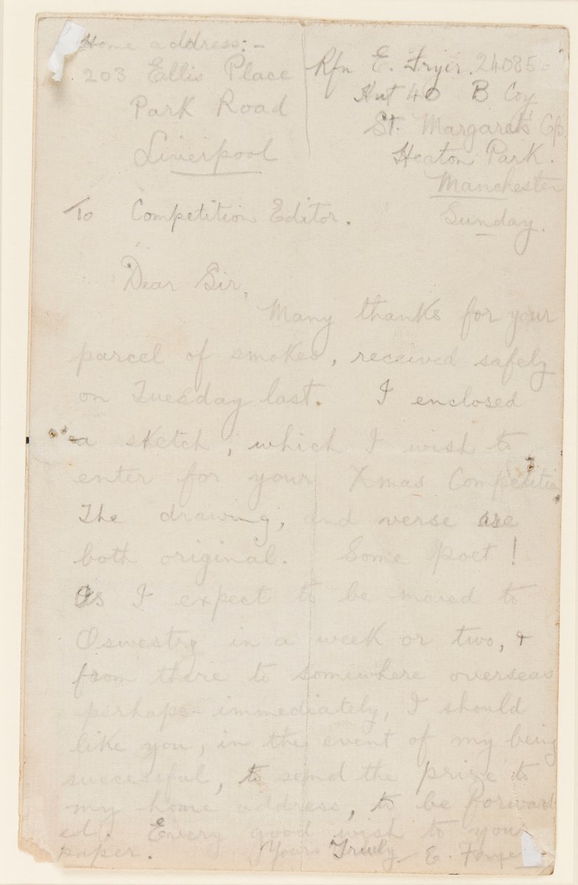 Carta para um editor de competição de jornal, 1914-18 de Edgar Fryer