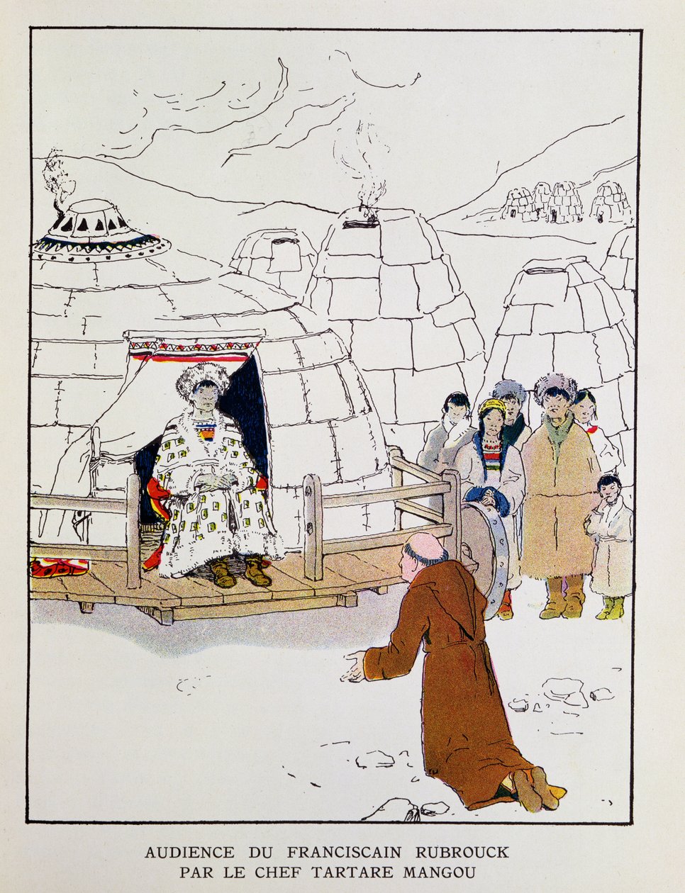 William Rubruck (c.1200-c.1256) perante o chefe tártaro Mangu em 1251, de "A la Conquete du Monde Paien" de Georges Goyau (1869-1939) 1933 (litografia a cores) de Edgar Maxence