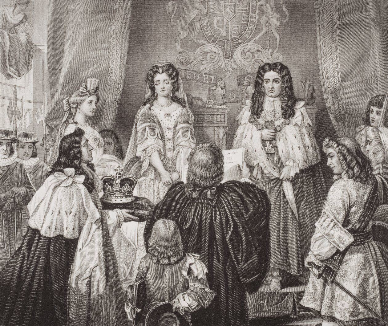 A coroa oferecida a William e Mary pelos Lordes e Commons em Whitehall, em 12 de fevereiro de 1689, de "Ilustrações da História Escocesa e Inglesa", Volume II de Edgar Melville Ward