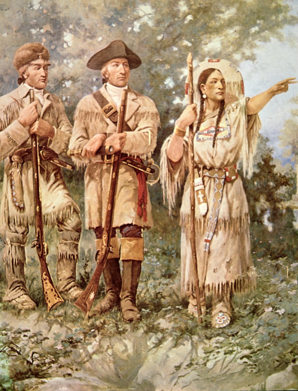Lewis e Clark com Sacagawea (cor litho) (detalhe) de Edgar Samuel Paxson