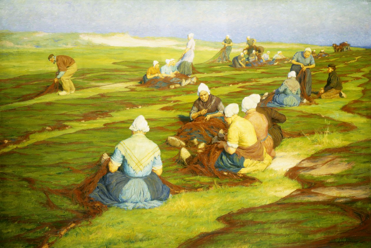 Consertando as redes (óleo sobre tela) de Edgard Farasyn