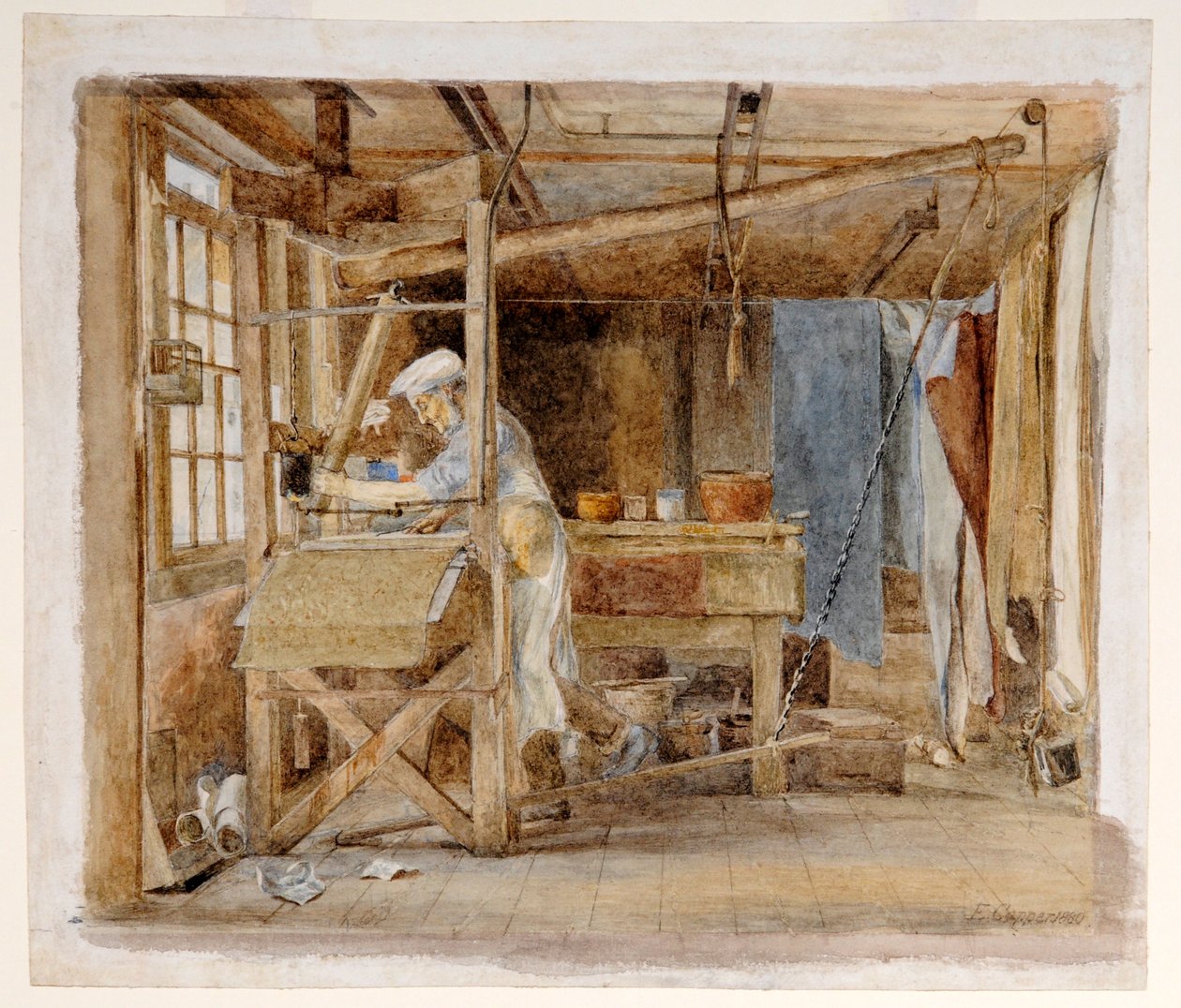 Impressão de blocos em Jeffrey and Co., Liverpool Road, Islington, Londres, c.1880 (aguarela sobre papel) de Edith Capper