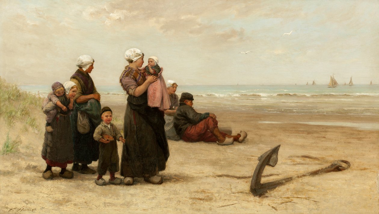 Assistindo para o retorno dos navios na praia em Katwijk de Edith Hume