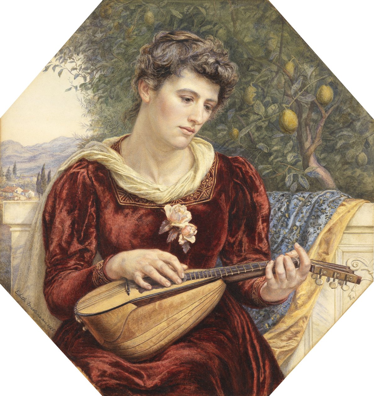 Tocando as cordas, 1886 (lápis, wc, bodycolour e goma arábica com arranhar) de Edith Martineau
