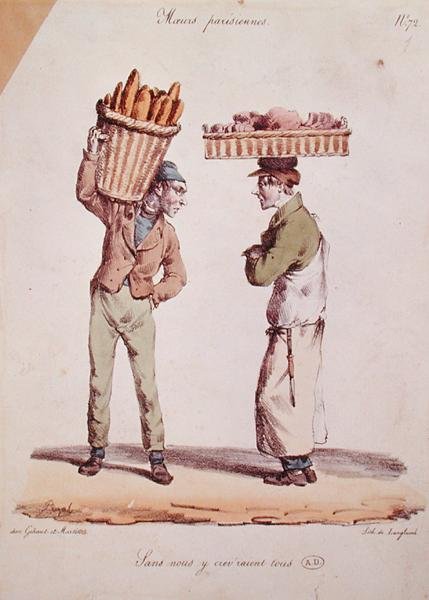 Caricatura de dois jovens comerciantes falando, placa número 72 da série "Moeurs Parisiennes", gravada por Langlume, c.1820 (cor litho) de Edme Jean (after) Pigal