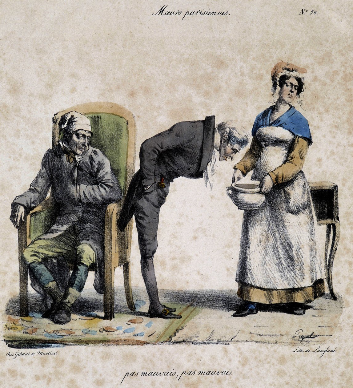 Doente, médico a olhar para a panela e criado. Desenho animado da moral parisiense de Pigal (século XIX), conservado no Musee Dobree em Nantes. de Edme Jean (after) Pigal