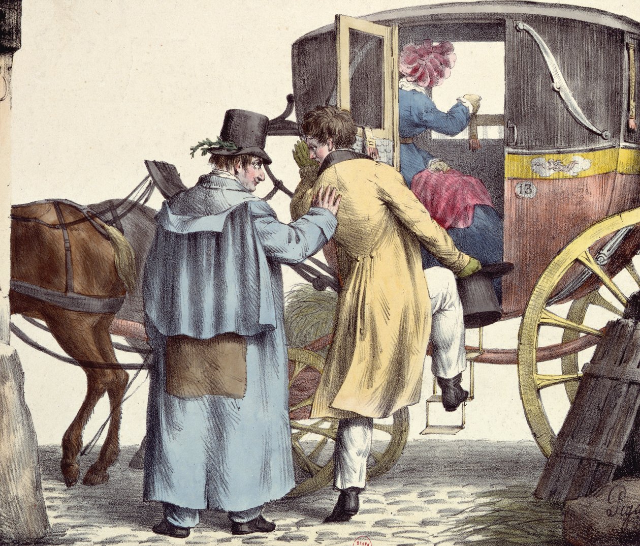 Para onde estamos indo ... Sempre à frente, caricatura da série Moeurs Parisiennes, gravada por Langlume, c.1825 de Edme Jean after Pigal