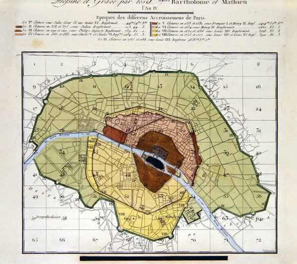 Detalhe do Atlas du Plan General de la Ville de Paris, mostrando as diferentes adições ao longo da história da cidade de Edme Verniquet