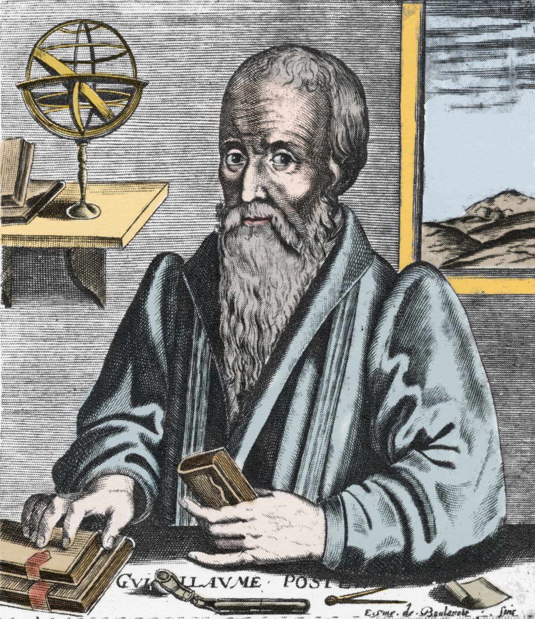 Retrato de William Postel (1510-81) - Retrato de Guillaume Potel (1510-1581) orientalista, filólogo e teosófico de denominação católica francesa. Gravura de Edme de Boulonois. de Edme de Boulonois