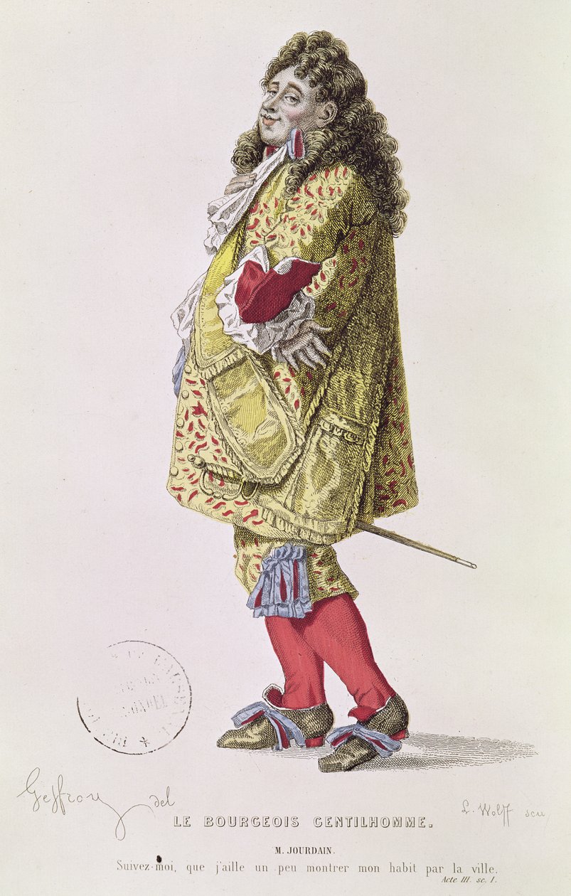 "Siga-me, para que eu possa mostrar um pouco meu vestido sobre a cidade", ilustração de Monsieur Jourdain do Ato III Cena 1 de "O Cavalheiro Burguês" de Molière (1622-1673) gravado por Ludwig Wolff (1776 de Edmond A.F. Geffroy