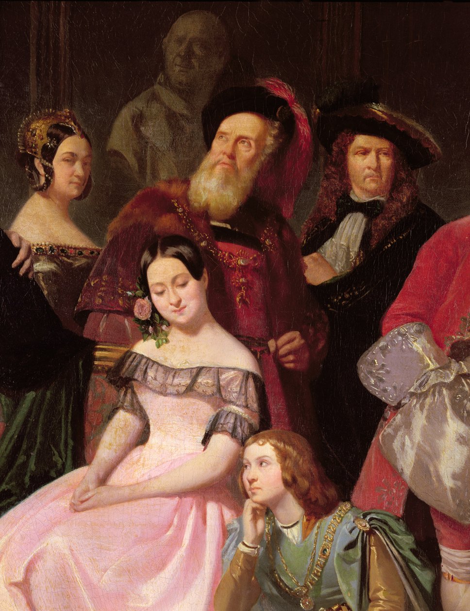 Membros da Comédie-Francaise, LR: Mlle Noblet, Mlle Plessis, Joanny (1775-1849) em traje de Hernani, Mlle Anais, Perrier, em 1840 (detalhe de 163165) de Edmond Aime Florentin Geffroy
