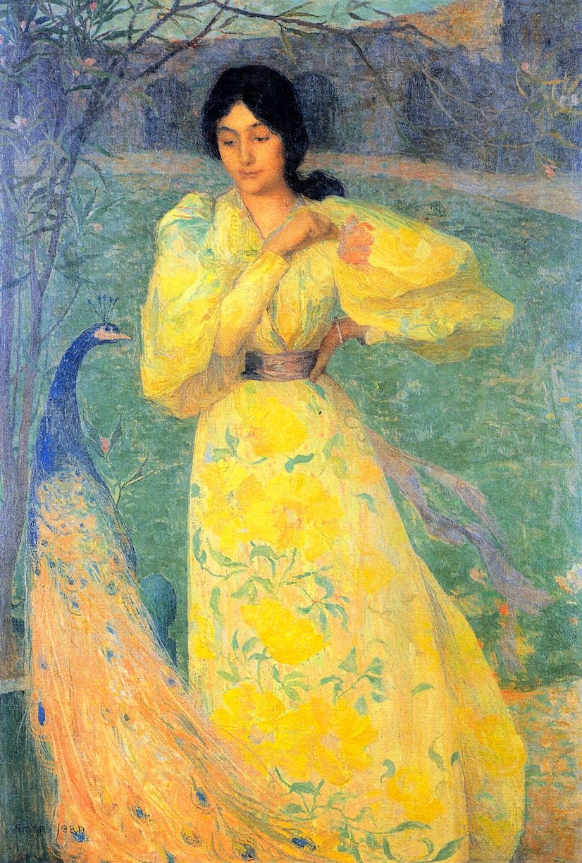Mulher jovem, com, pavão de Edmond Aman Jean