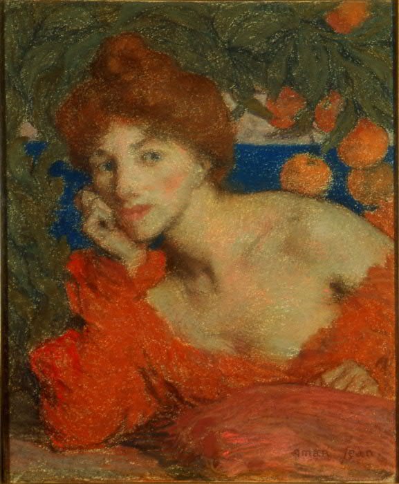 Sob as laranjeiras, a mulher tem Amalfi. de Edmond Aman Jean