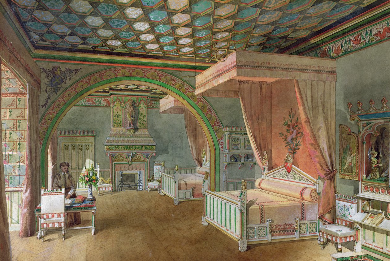 O quarto rosa no Chateau de Roquetaillade, 1868 (wc no papel) de Edmond Duthoit