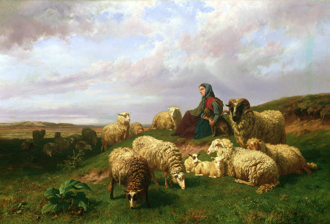 Pastora descansando com seu rebanho, 1867 de Edmond Jean Baptiste Tschaggeny