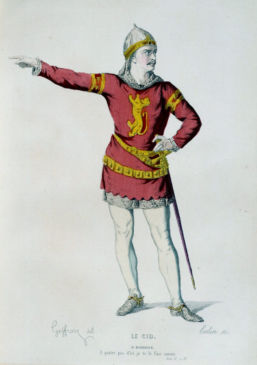 Traje para Don Rodrigue ou Le Cid na cena 2 do Acto II de "Le Cid" de Pierre Corneille (1606-1684). Ilustração de Edmond Geffroy (1804-1895) Paris do século XIX, Comedie francaise de Edmond Aime Florentin Geffroy