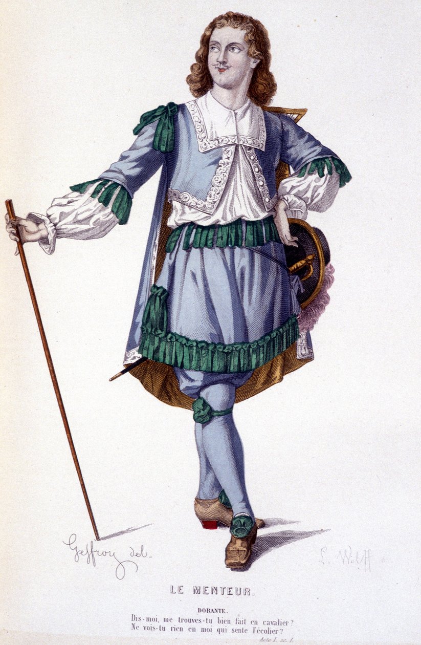 A personagem Dorante na comédia Le Menteur - Full Theatre: (Colecção de peças de Corneille) desenho de Geffroy, gravura de L. Wolff - ed. Laplace, Sanchez et Cie, Paris 1884 de Edmond Aime Florentin Geffroy