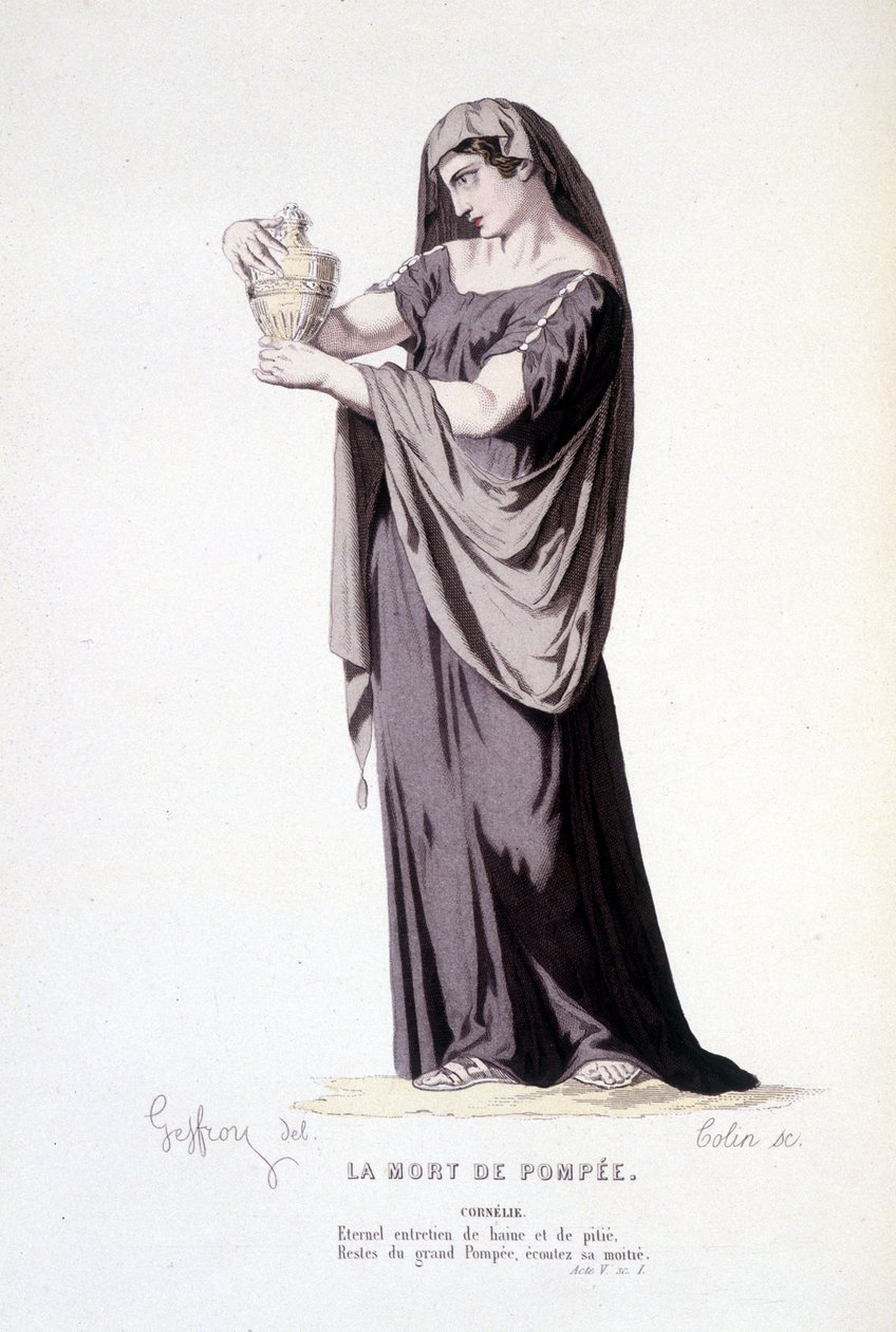 A personagem de Cornelie na peça de teatro La mort de Pompee - Teatro completo: (Compêndio de peças de Corneille) desenho de Geffroy, gravura de Colin - ed. Laplace, Sanchez et Cie, Paris 1884 de Edmond Aime Florentin Geffroy