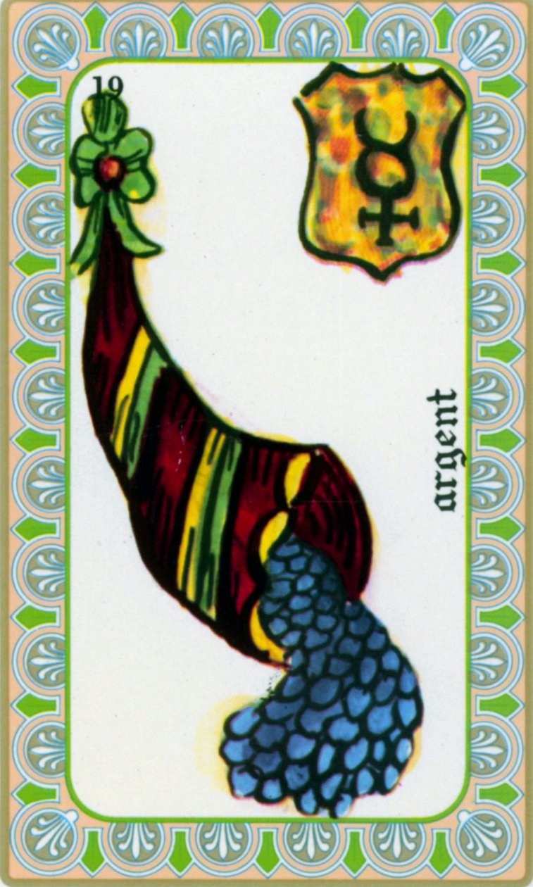 tarot do mago Belline desenhado por Edmond Billaudot c. 1845 e entregue ao clarividente Belline para reedição: carta do dinheiro: moedas num corno de abundância de Edmond Billaudot