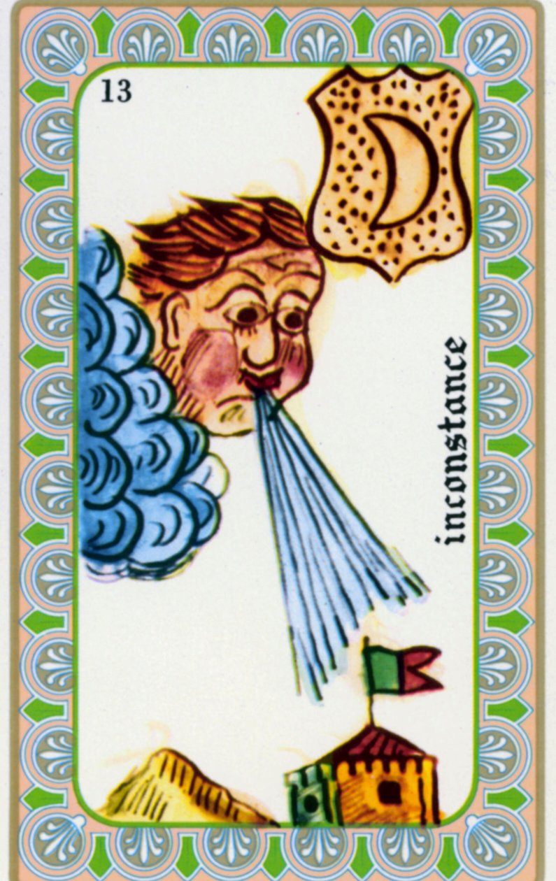 tarot do mago Belline desenhado por Edmond Billaudot c. 1845 e entregue ao clarividente Belline para reedição: carta da inconstância: o vento sopra de Edmond Billaudot