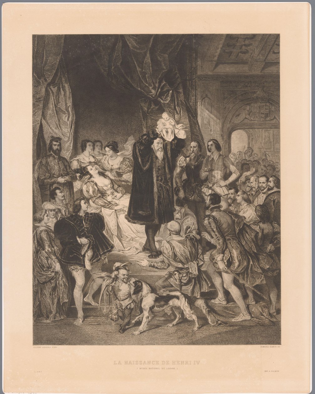 Rei Antoine de Bourbon mostra seu filho recém-nascido Henrique IV La Naissance de Henri IV (título no objeto) de Edmond Joseph Ramus